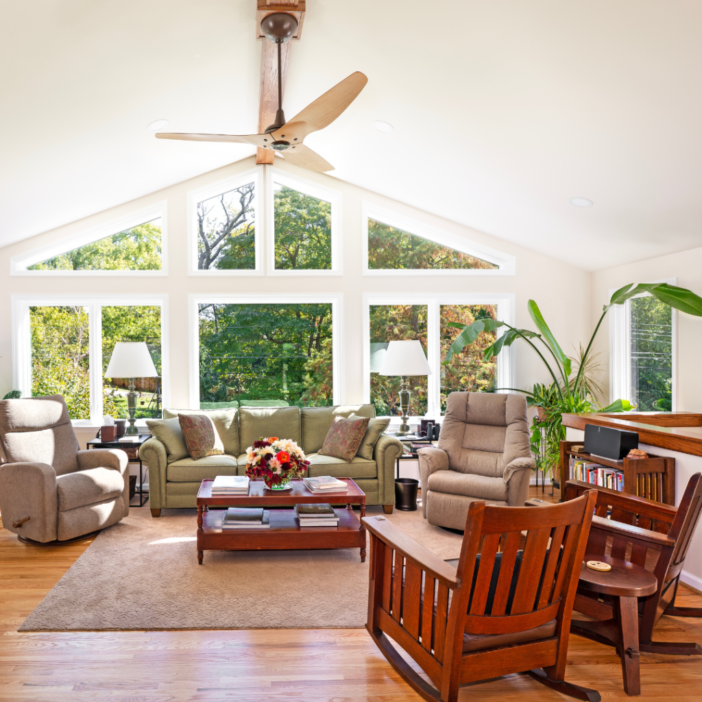 Bright sunroom remodel with custom windows and vaulted ceiling in the Indian Hills neighborhood of Lexington, KY.